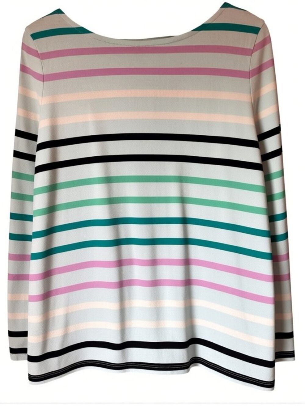 Talbots Striped Long-Sleeve Scoop Neck Cotton Top in Mint, Pink & Black, XL